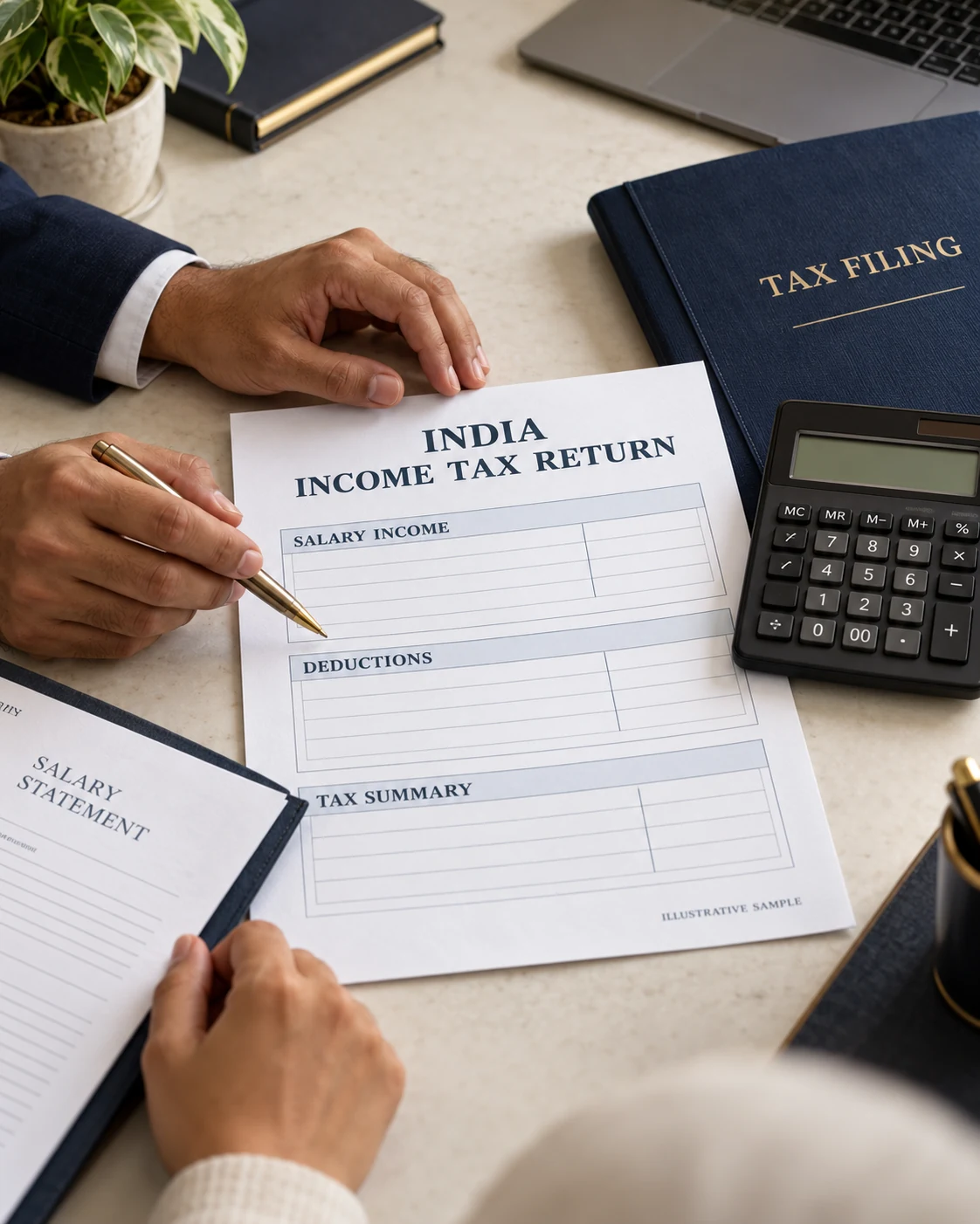 Illustrative India income tax return being reviewed with an adviser and calculator